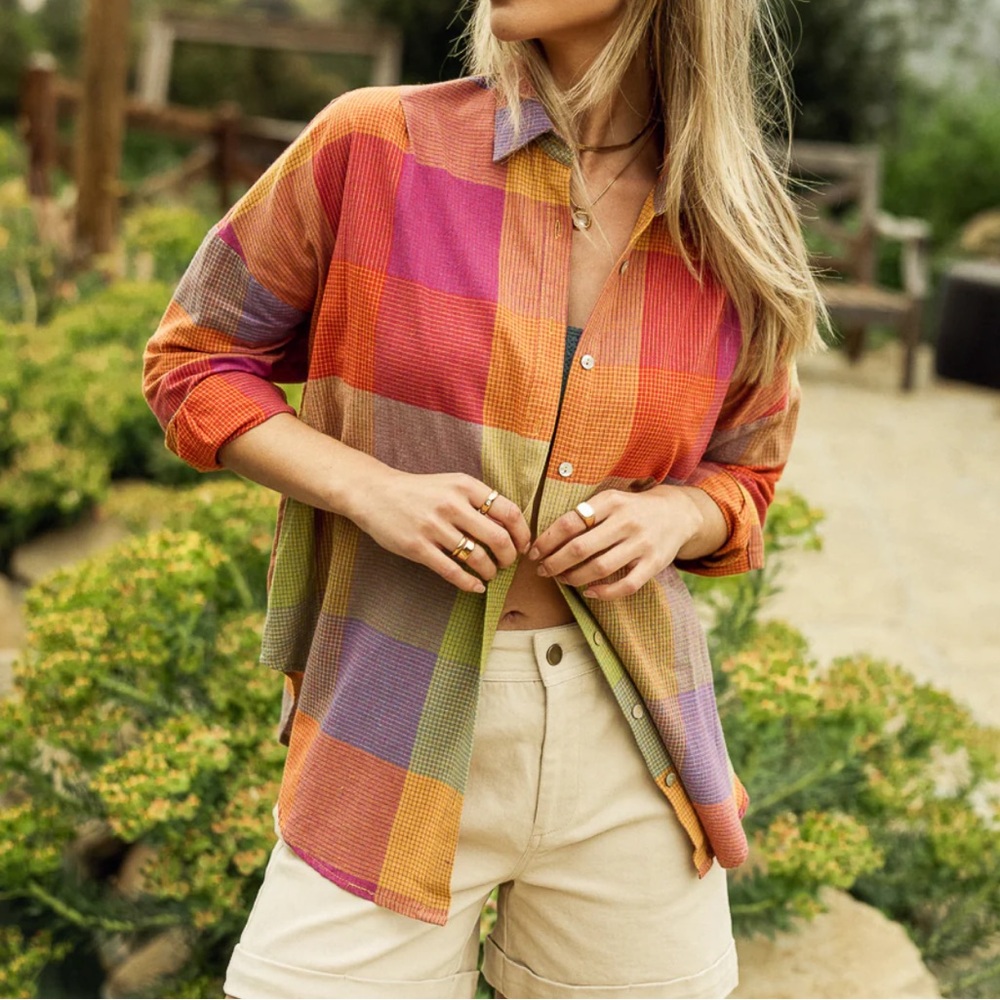 bohme Multi-Color Plaid Button-Up Shirt (Orange, Pink, Purple, Green, Yellow)